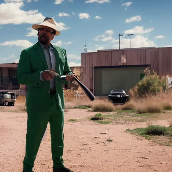 Image similar to Still from Better Call Saul of Big Smoke with green clothing and trilby hat, swinging a baseball bat