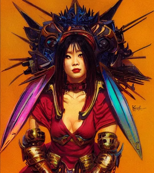 Image similar to portrait of strong korean female chaos angel, beautiful! coherent! by frank frazetta, by brom, strong line, vivid neon color, spiked scrap metal armor, iron helm, high contrast, maximalist