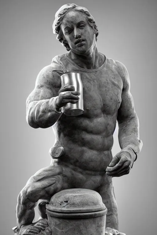 Prompt: marble sculpture of man in Adidas winter jacket sportswear holding a marble beer stein, intricate sculpture, chiseled muscles, godlike, museum photo
