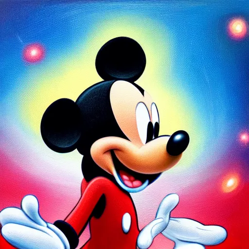 Image similar to Mickey Mouse as a painting, shiny, stars, space, 8k, high resolution