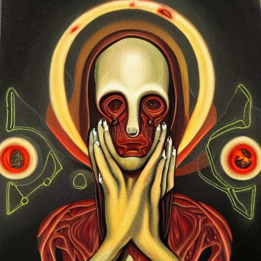 Image similar to painting of a biomechanical martyr oil stigmata