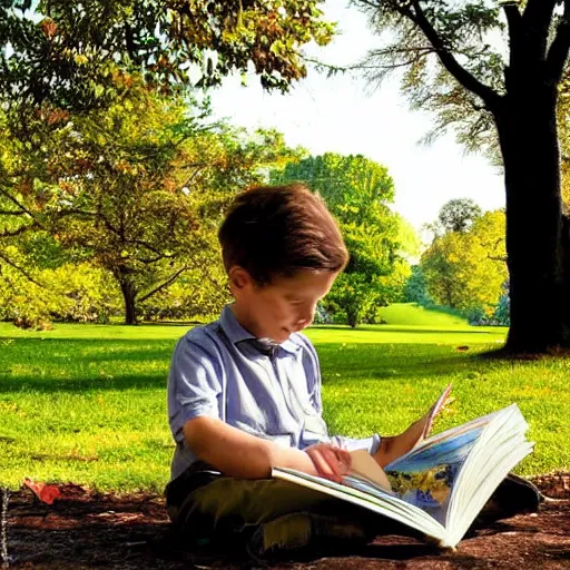 Image similar to a young boy reading a book about nuclear power sat in a public park, a sense of awe, warm dappled light, trees, over the shoulder shot, in the style of norman rockwell