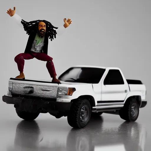 Image similar to black man action figure with dreads standing on top of a black rc pickup truck, close up photograph, white background