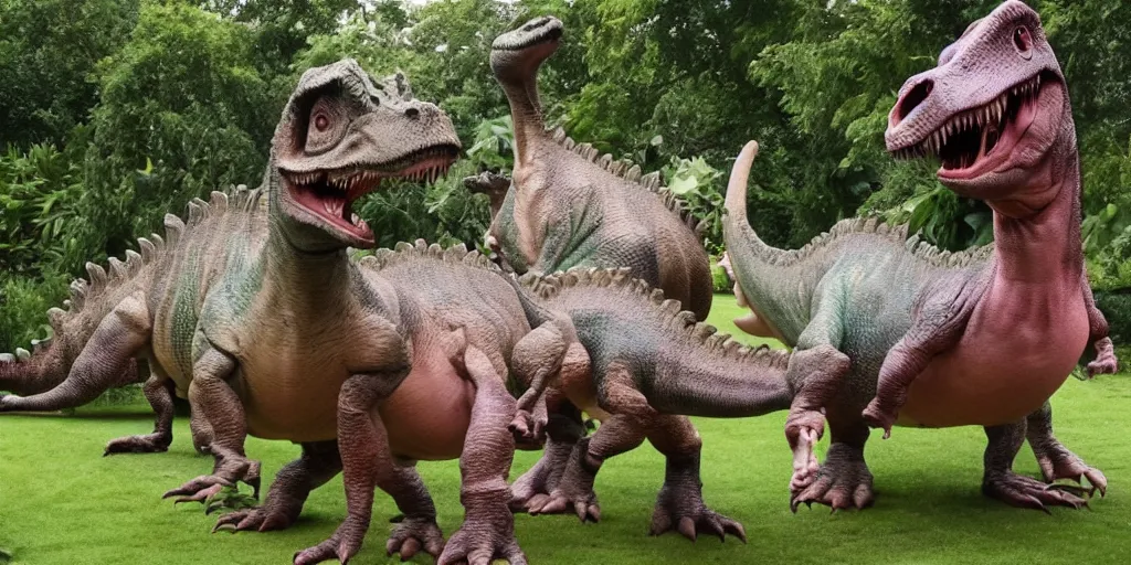 Image similar to dinosaurs in kew gardens in wigs