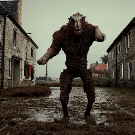 Image similar to horror, moody, still from film, daytime, muddy village square, wide shot, screeching mutant goat monster, powerful and huge, creeping on legs with hands, mouth crammed full of filthy jagged teeth, matted brown fur, in muddy medieval village square