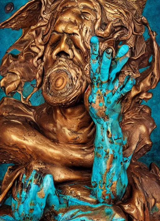 Image similar to An epic fantastic realism comic book style painting of a distressed bronze sculpture from the future by Stanislaw Szukalski, beautiful colorful flowers rain down like gilt marbled paper, turquoise ink highlights, fisheye lens, unreal 5, DAZ, hyperrealistic, octane render, dynamic lighting