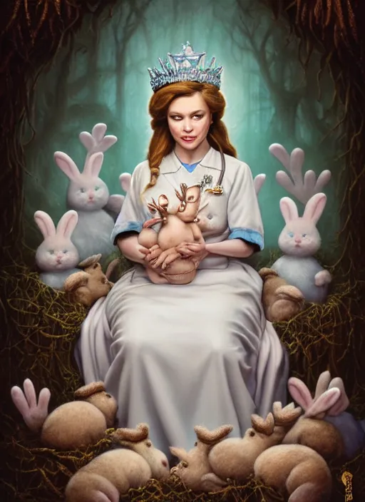 Prompt: highly detailed closeup portrait of a nurse princess wearing a crown and sitting on an ice throne surrounded by bunnies, nicoletta ceccoli, mark ryden, lostfish, earl nore, hyung tae, frank frazetta, global illumination, god rays, detailed and intricate environment