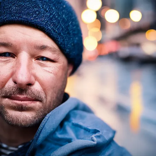 Prompt: closeup portrait of a man fishing in a rainy new york street, photography, studio light