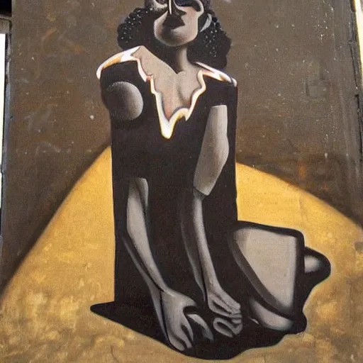 Image similar to This street art was painted in 1937 during the Guerra Civil Española. The woman in the street art is weeping. She is wearing a black dress and a black veil. Her face is distorted by grief. The street art is dark and somber. afrofuturism by Dora Maar, by Heywood Hardy loose, lively