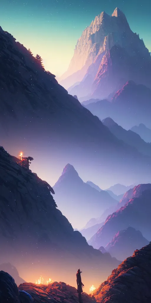 Image similar to highly detailed mountain in night, gta v, stephen bliss, unreal engine, fantasy art by greg rutkowski, loish, rhads, ferdinand knab, makoto shinkai and lois van baarle, ilya kuvshinov, rossdraws, tom bagshaw, global illumination, radiant light, detailed and intricate environment