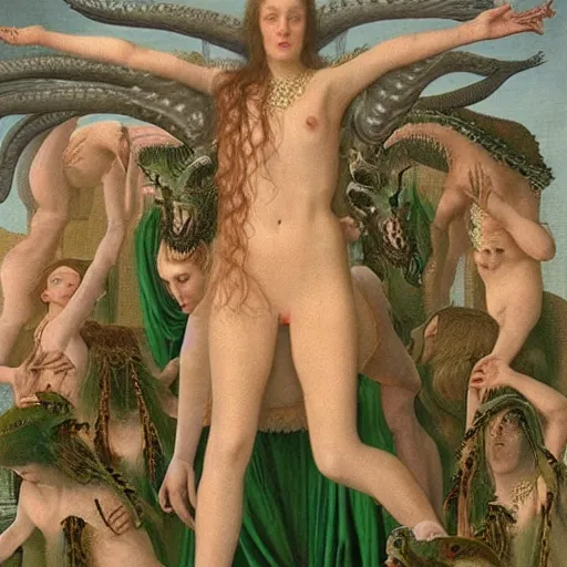 Prompt: elaborate coral, pale green by dino valls, by ferdinand keller. a beautiful painting of a large, dragon - like creature with sharp teeth, talons, & a long tail. the creature is looming over a small group of people who appear to be in distress.