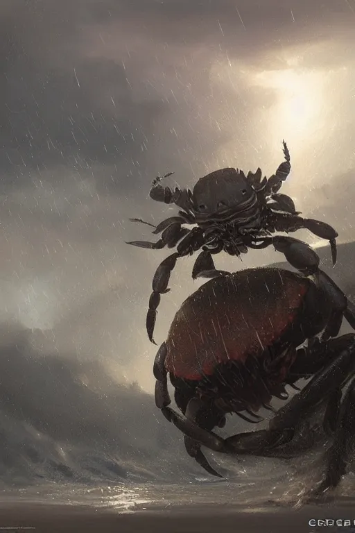 Image similar to Hyper realistic painting of a crab in plate armor, hyper detailed, thunderstorm, midnight, volumetric lighting, creepy atmosphere, by greg rutkowski