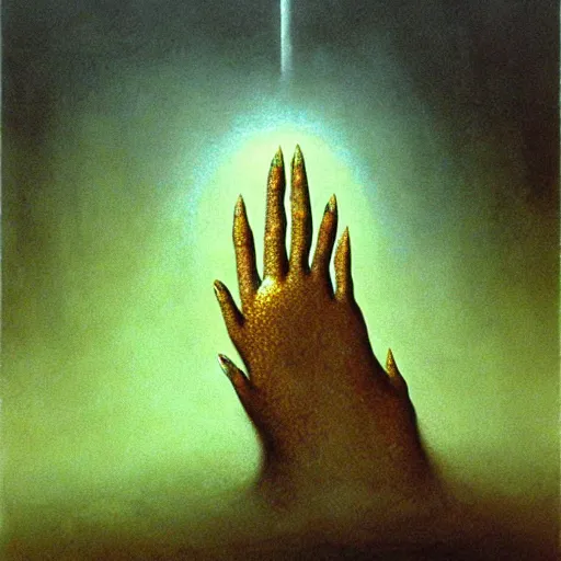 Image similar to hand reaching out of thick fog, psychedelic, zdzislaw beksinski