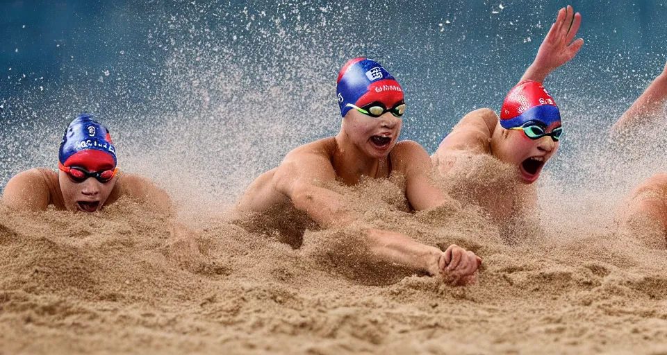 Image similar to olympic swimming in sand instead of water, extremely coherent, motion blur