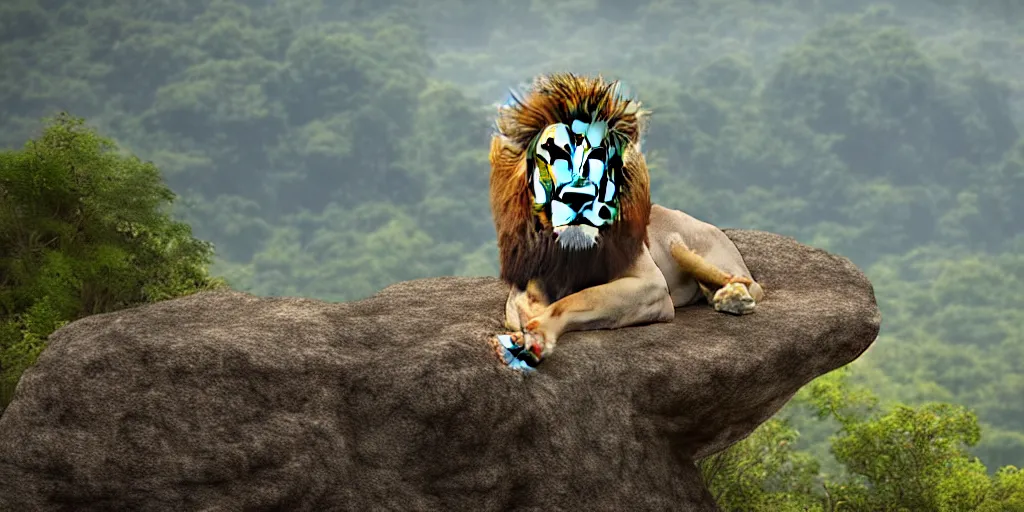 Image similar to hyperrealistic photo of a lion roaring on top of a rock over looking the jungle, 8 k