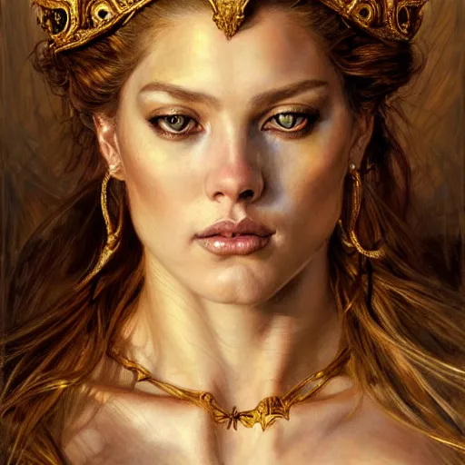 Image similar to highly detailed portrait of a majestic lioness queen in the form of a beautiful woman. d & d. art by eugene delacroix, donato giancola, anna dittmann, arthur adams. trending on artstation, intricate details, energetic composition, golden ratio, concept art, illustration, elegant art, global illuminaition