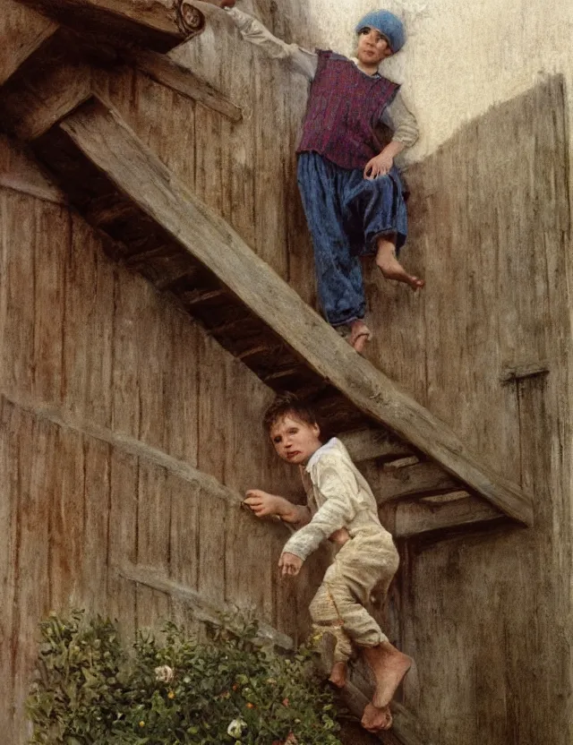 Image similar to peasant boy climbing stairs to the roof of a house, cottage core, cinematic focus, polaroid photo bleached vintage pastel colors high - key lighting, soft lights, foggy, by steve hanks, by lisa yuskavage, by serov valentin, by tarkovsky, detailed, oil on canvas