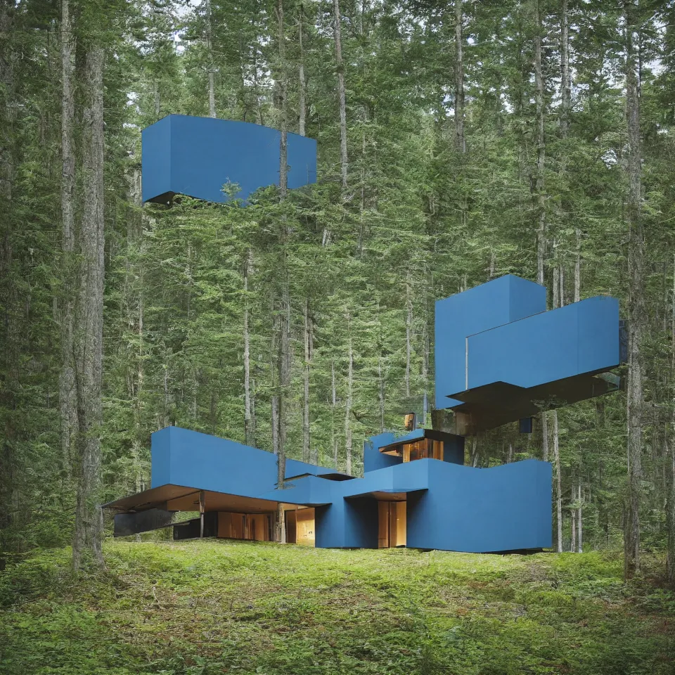 Image similar to architecture ad for a mid-century modern house in the forest, designed by Bjarke Ingels. Film grain, cinematic, colorized, blue hue