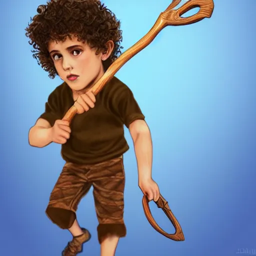 Image similar to highly realistic boy with curly brown hair and brown eyes, a wooden bow on his back, highly detailed and intricate, concept art illustration