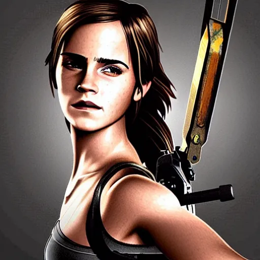 Prompt: Emma Watson as Lara Croft, promo art, highly-detailed, stunning