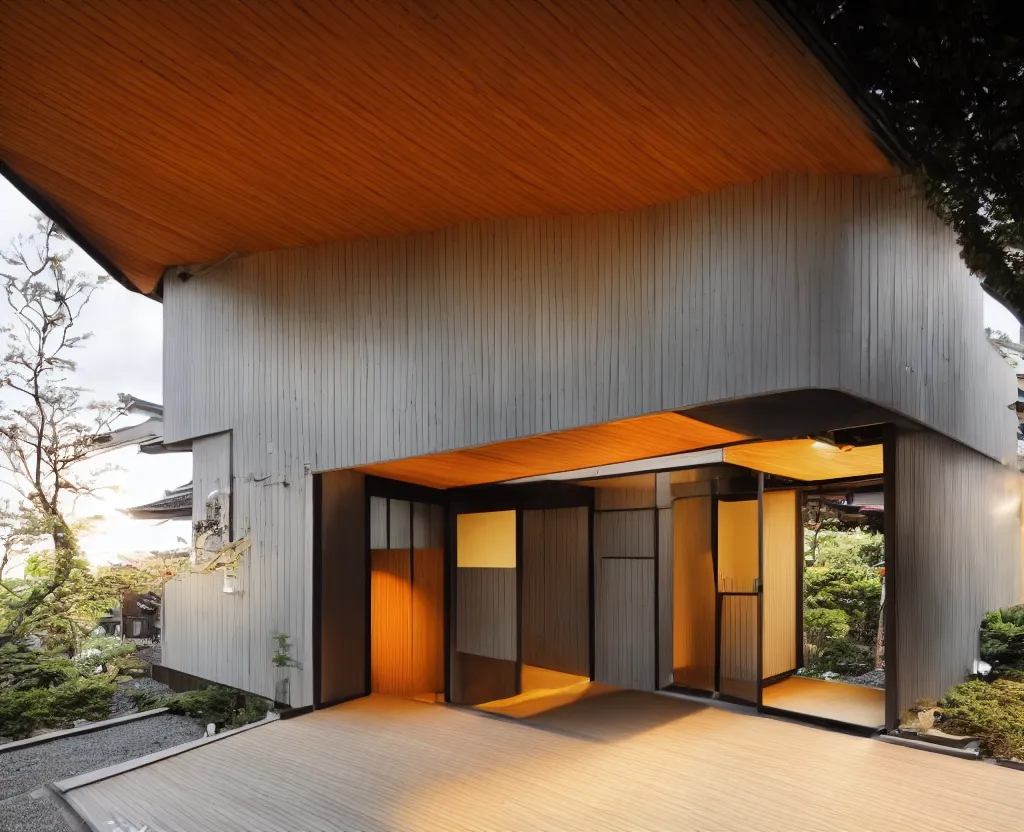 Prompt: photo of the exterior of a japanese modern house with open lit doorways, dramatic lighting, smoke, ceiling fluorescent lighting, black and orange colour palette