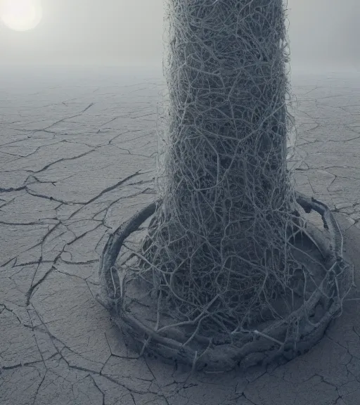 Prompt: surreal tower made of white crystalized aerial veins, inverted white roots in the floor, in the desert, foggy sky, dark night, octane render, unreal engine, pale colors, high detail, 8 k, wide angle, trending on artstation, behance