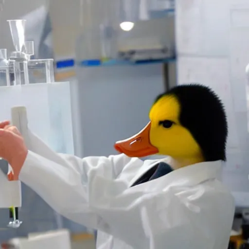 Image similar to a duck scientist wearing a labcoat, scientist is a duck