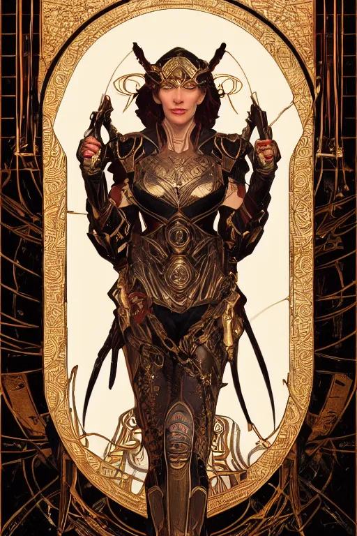 Image similar to tarot card, the emperor, armored woman, looks like cate blanchett, beautiful, fantasy, super detailed, ornate, by alphonse mucha, artstation, greg rutkowski, symmetry, red, gold, white, black, 8 k, sharp focus