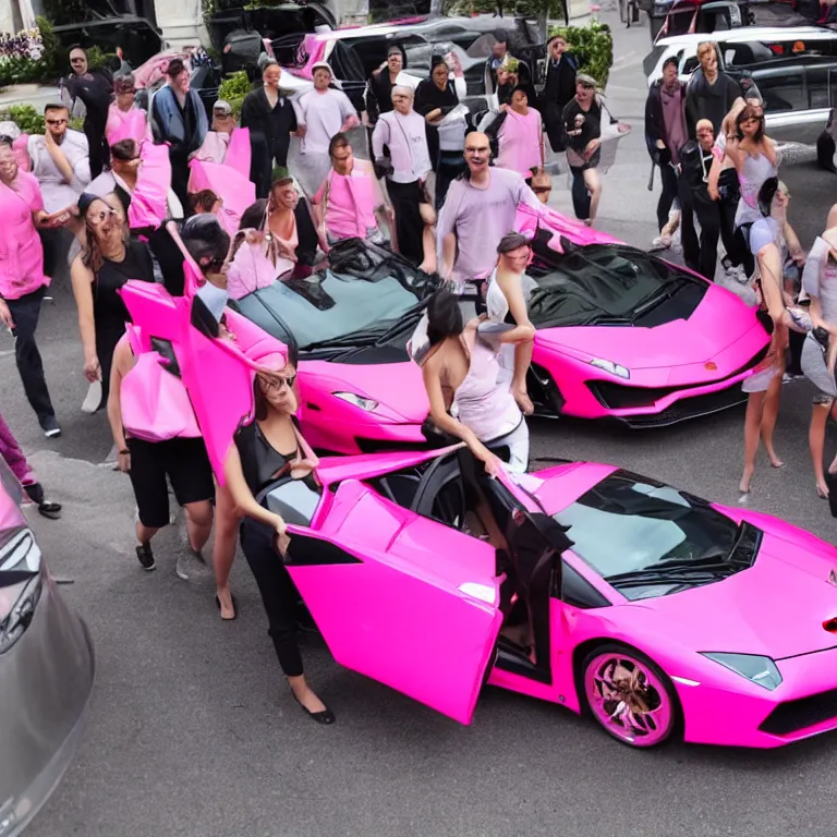 Prompt: a group of people carrying a pink lamborghini