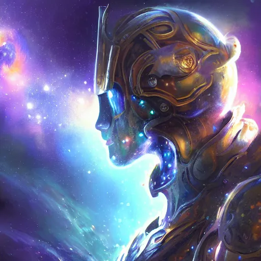 Image similar to photorealistic fantasy cosmic concept art of a cosmic god with armor made out of planets and dark matter, hovering in a unknown galaxy, fully body portrait, cinematic, dynamic lighting, ultra detailed, creative, trending on art station, creative