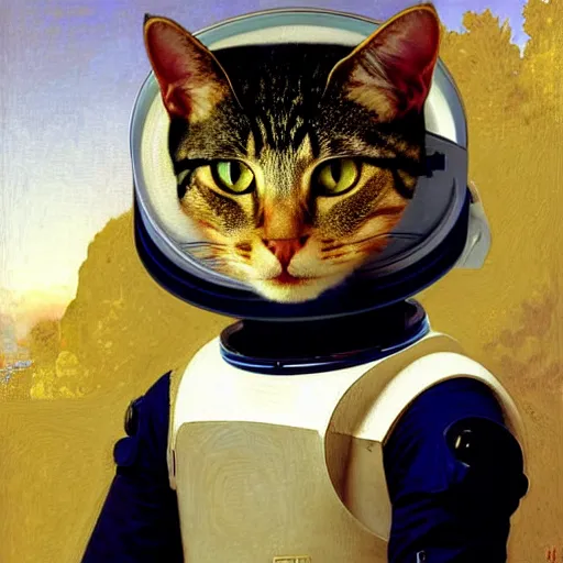 Prompt: portrait of a cat astronaut with armor and helmet, by bouguereau