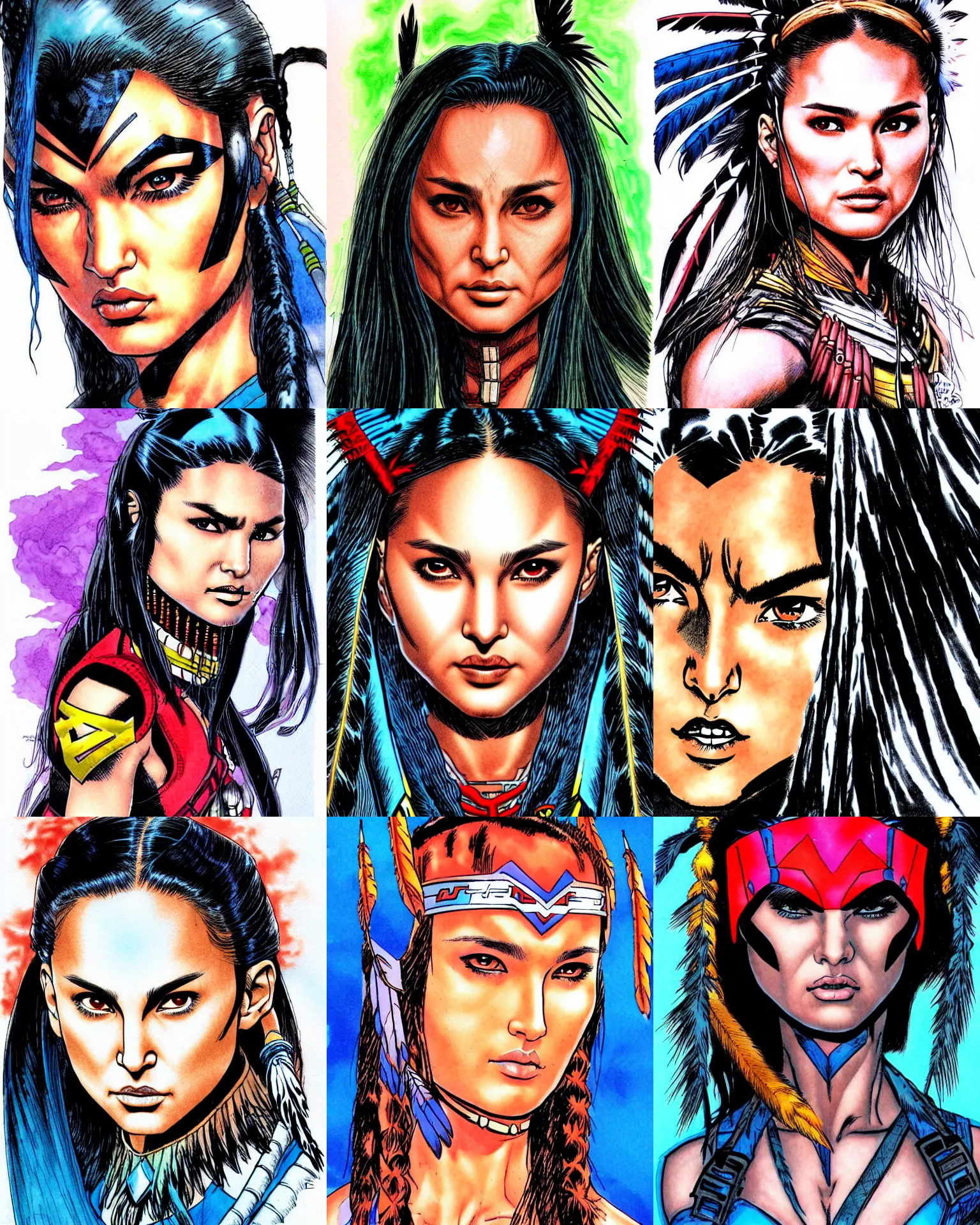 Prompt: jim lee!!! ink colorised airbrushed gouache sketch by jim lee close up headshot of sad native indian chinese natalie portman in the style of jim lee, x - men superhero comic book character by jim lee