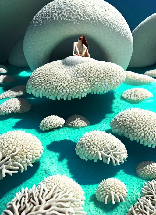 Prompt: white zen spiritual beach cave made of corals, daisies, roses, well contoured smooth fair walls, up close shot, sharp focus, global illumination, radiant light, alexandre ferra white mecha, irakli nadar, octane highly render, 4 k, ultra hd,