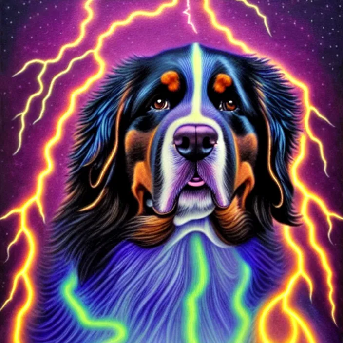 Prompt: an anthropomorphic male bernese mountain dog dressed as zeus shooting lightning bolts, by alex grey, intricate details, artstation, furry, psychedelic, hd, beautiful