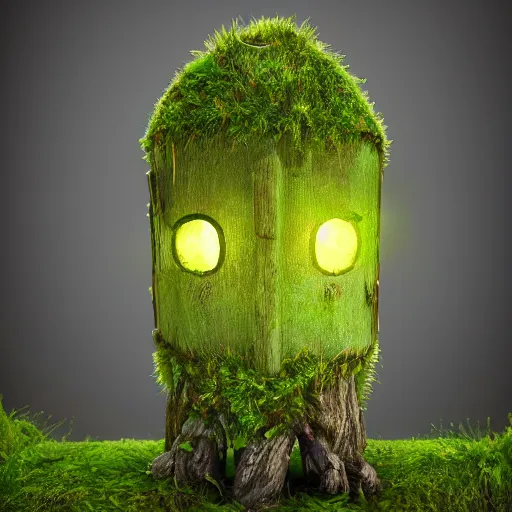 Image similar to a mossy humanoid with a wooden lantern as its head!!!!!, 4 k photorealism, trending on artstation, 4 k quality