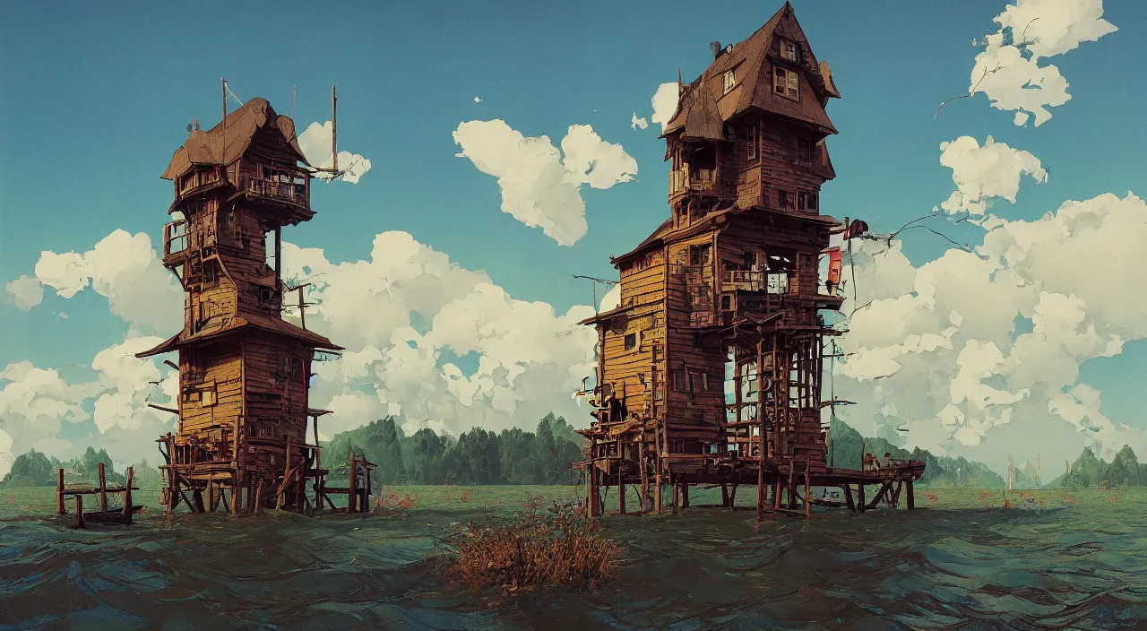 Image similar to single flooded simple wooden tower, very coherent and colorful high contrast!! masterpiece by simon stalenhag norman rockwell carl spitzweg syd mead james gilleard, dark shadows, sunny day, hard lighting