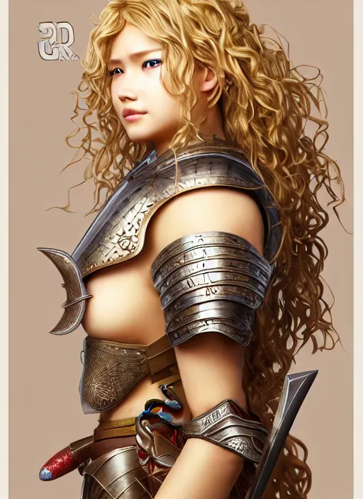 Image similar to complex 3 d hyper realistic smooth ultra sharp render of a gorgeous princess warrior paladin woman | sunkissed tan skin, curly dirty blonde hair, freckles, luminescent eyes | d & d, medieval, fantasy | art by oh jinwook + 吵 集 仁 儿 on artstaion + takeshi obata + alphonse mucha