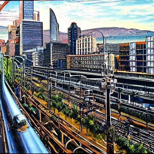 Image similar to placid carboniferous by john philip falter. a installation art of a cityscape. the installation art shows a view from an elevated train line of the city below.