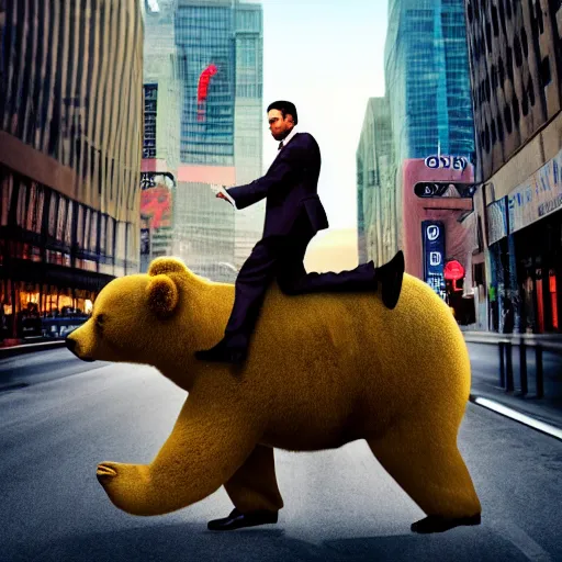 Image similar to digital art of a businessman riding a bear in the city