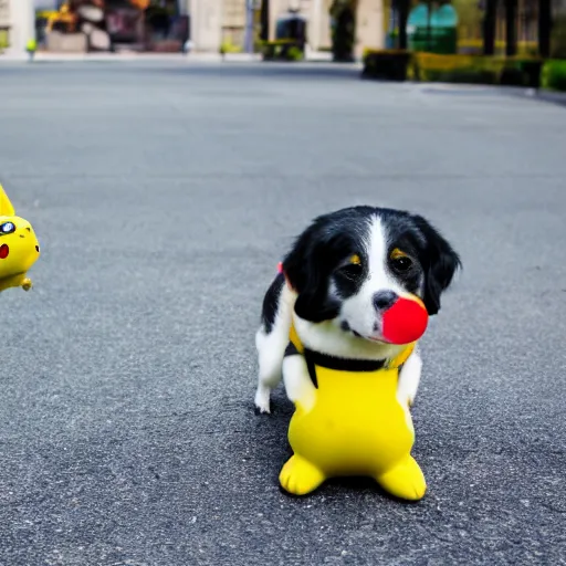 Prompt: photo of a dog with a caught pikachu in mouth focal length: 35mm