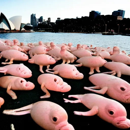 Image similar to spencer tunick photograph of blobfish on the sydney opera house foreshore