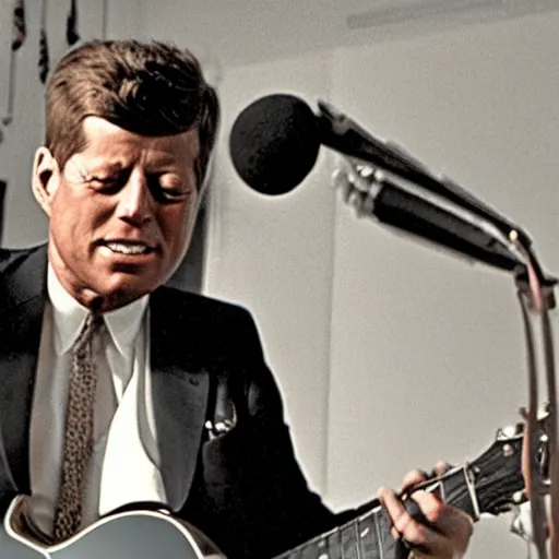 Prompt: John F. Kennedy singing into a microphone with a rock band, cinematic, 8k, detailed