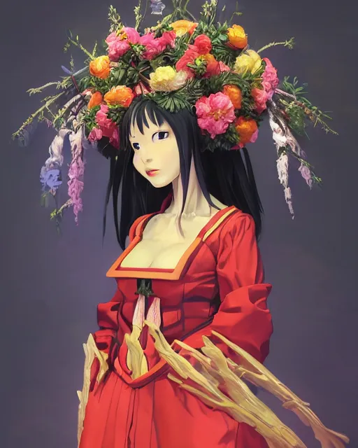 Prompt: studio photo portrait of Misato Katsuragi from Neon Genesis Evangelion wearing floral garlands over her traditional dress. full height portrait of Misato as a slavic pagan priestess wearing traditional pagan dress adorned with golden tiara, concept art by Greg Rutkowski and James Dean and Ross Tran, ultrarealistic octane render, 8k, rtx on, trending on ArtStation