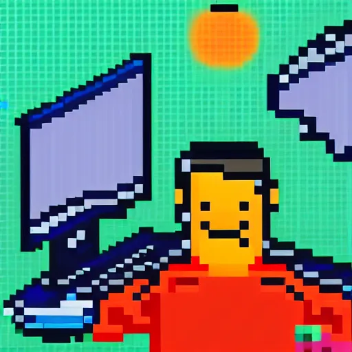 Image similar to pixel art of programmer in front of his computer station, pixel art, detailed, ideal symmetry, perfect pixel alignment, isometric 8 k,