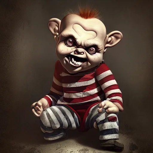 Prompt: cartoon painting of chucky by michal karcz