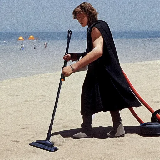 Image similar to anakin skywalker vacuuming the beach to remove sand