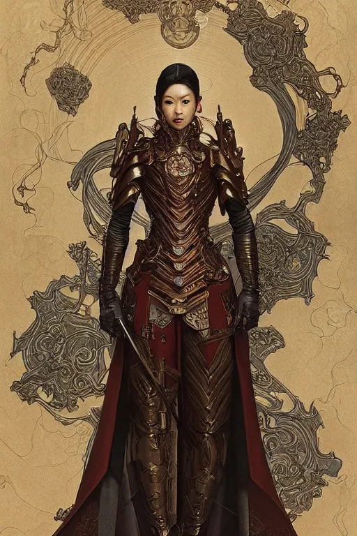 Image similar to full length portrait of zhang ziyi in armour, by eve ventrue, michael carson, andreas rochas, john watkiss, casey weldon, artgerm. art nouveau. tarot card by mucha. gloomhaven. swirly intricate linework background. gaudy colors, sharp edges. octane render