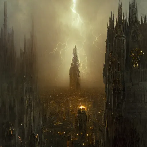 Image similar to an ultra detailed tarot card of a lonely and impossibly tall ominous gothic dark tower elevated high above the city, in a river elevated high above the city, fantasy capital city, ultrawide lense, aerial photography, scary thunderstorm, light fog, volumetric lighting, exquisite detail, 8 k, art by greg rutkowski and alphonse mucha