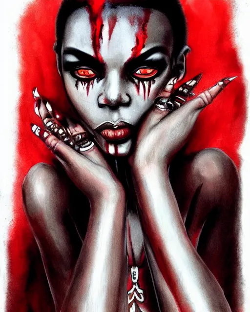 Image similar to beautiful ancient african androgynous demonic vampire girl, portrait, hyperrealistic, bloodstains