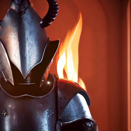 Prompt: handsome tiefling in plate armour standing in a door way, back lit by fire, 4 k, cinematic, volumetric light